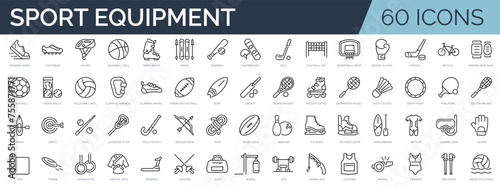 Set of 60 outline icons related to sport equipment. Linear icon collection. Editable stroke. Vector illustration