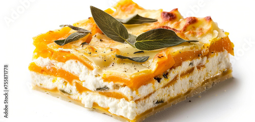 A delectable slice of butternut squash lasagna, with creamy layers of sage-infused ricotta, presenting a soothing palette of orange and white, isolated on a white background
