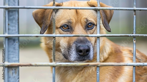 Unwanted and homeless cute sad dog in the cage, specialized pet shelter 