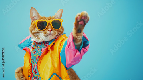 A cat wearing vibrant attire and sunglasses grooving on a blue backdrop. Cat wearing colorful clothes and sunglasses dancing.