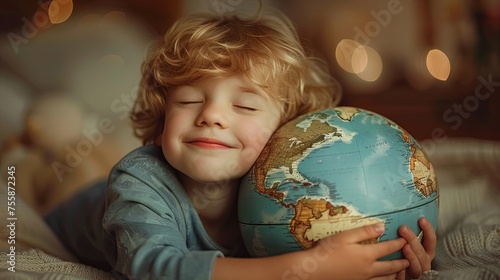 A young boy with closed eyes hugs a globe, dreaming of travel and adventure, surrounded by a cozy, vintage setting.