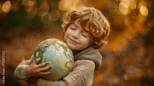 A young boy with closed eyes hugs a globe, dreaming of travel and adventure, surrounded by a cozy, vintage setting.