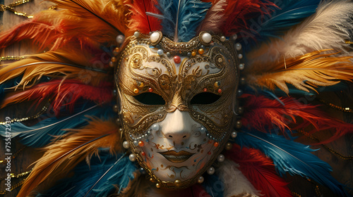 Top view of Mardi Gras carnival mask with feathers. generative ai 