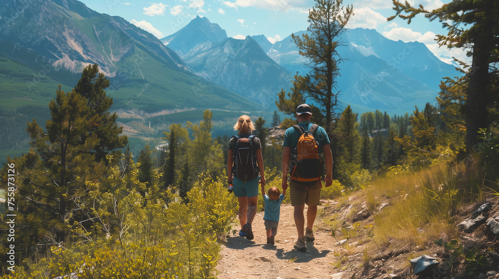 A family hikes on a trail in the mountains with lush greenery and towering peaks around them.