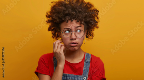 person with curly hair and round glasses wearing a red shirt and blue overalls, biting their fingernail, and making a worried or anxious facial expression against a yellow background.