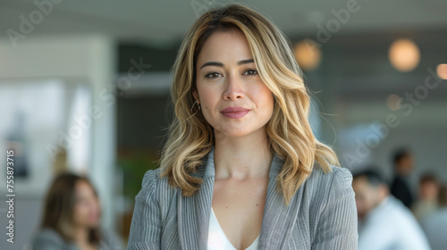 A young professional woman with blonde hair, wearing a grey blazer, is smiling subtly at the camera in a well-lit office setting.