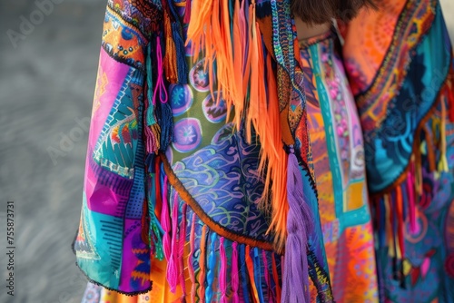 Extravagant maxi dress with bohemian fringes and vibrant prints