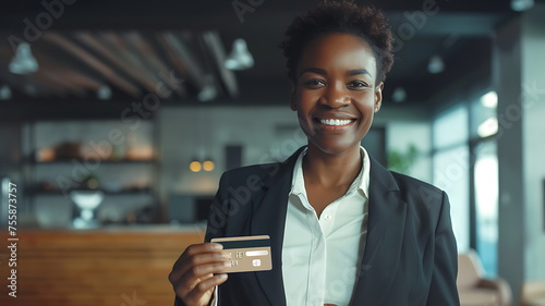 black woman in a suit with a credit card