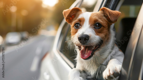 Happy dog with head out of the car window having fun. Travel mood. Space for text. 