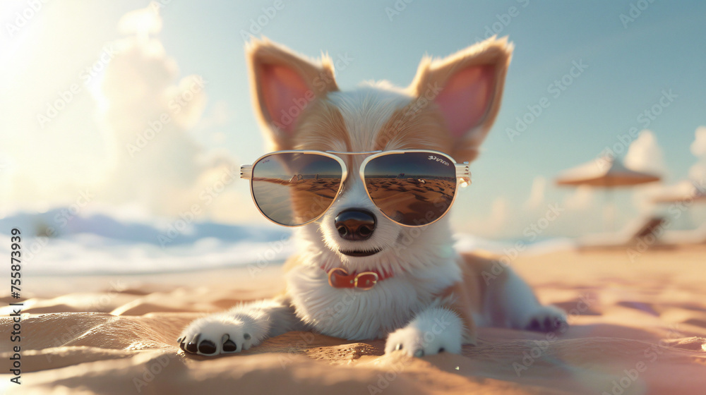3d Cute Summer Dog on the Beach