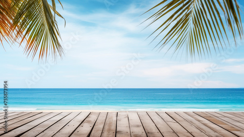 Savor the Tranquility of a Perfect Summer Vacation by the Tropical Sea with Waves, Palm Leaves, and an Empty Wooden Table on a Beach Paradise