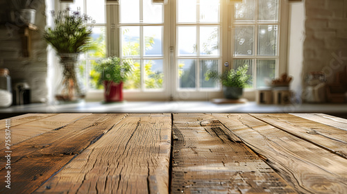 Wood table top on blur kitchen window background, generative ai