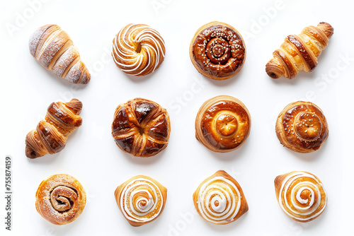 set of danish pastry, concept for baked goods of different flavours,  top view. bakery produce isolated on white background.