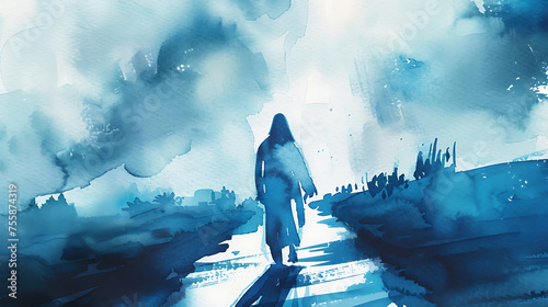 Watercolor Illustration of Jesus Christ Walking Alone.