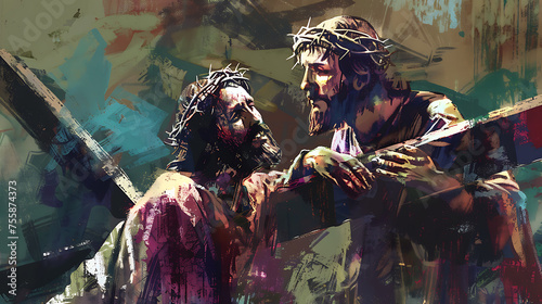 Jesus takes up his Cross. Digital sketch painting illustration.