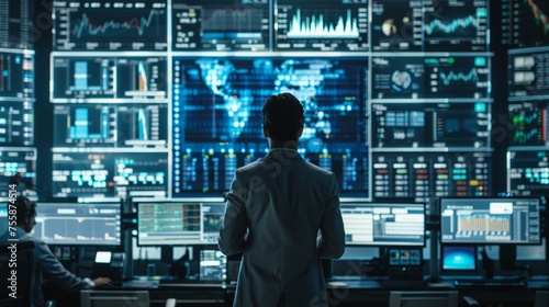 Man in finance monitoring data on multiple screens in a high-tech trading floor office. Financial market analysis and global economy concept.