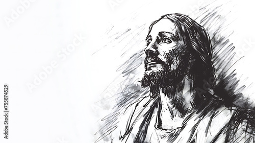 Sketch illustration of Jesus Christ against a white background  with space for text.