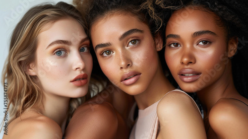 Young, multiracial female models confidently showcase flawless skin for a beauty campaign, radiating empowerment and inclusivity.