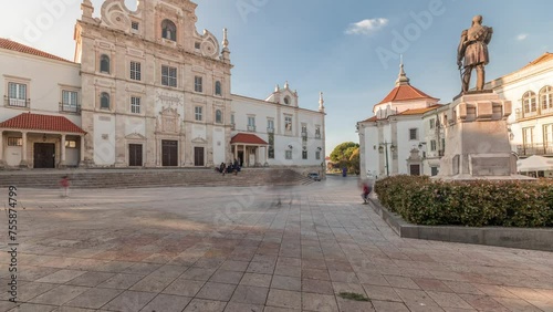 Panorama showing Sa da Bandeira Square with a view of the Santarem See Cathedral aka Nossa Senhora da Conceicao Church timelapse, built in the 17th century Mannerist style. Walking area. Portugal photo