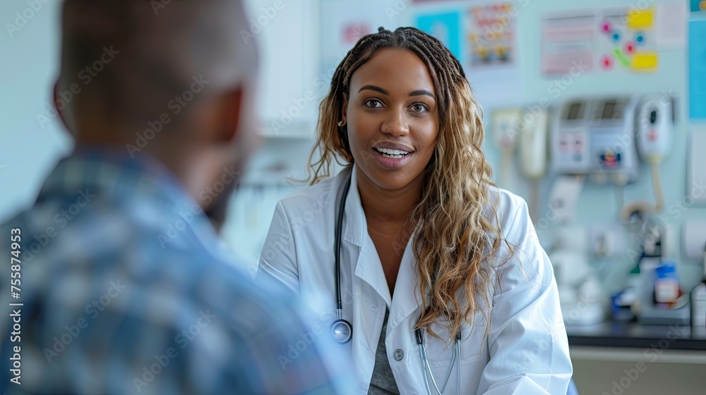 A female healthcare professional is engaged in a serious conversation with a male patient in a medical office.