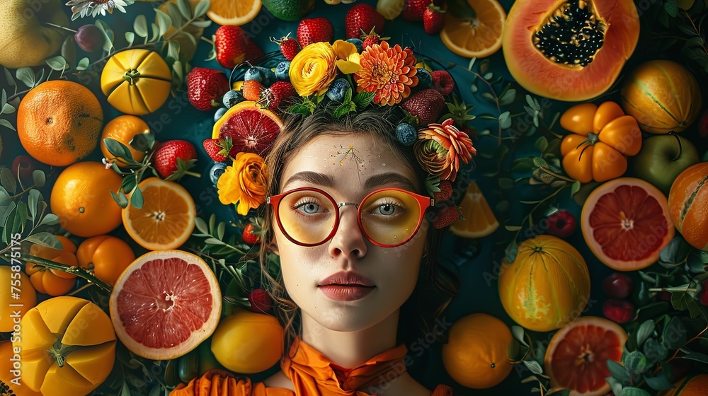 Portrait of a beautiful young woman surrounded by an abundance of fresh colorful vegetables and fruits.