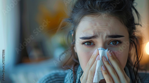 A distressed young woman with teary eyes holding a tissue, appears to be suffering from a cold or flu at home.