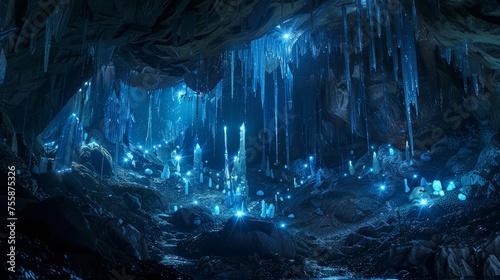 Enchanted bioluminescent cave with blue crystals and glowing rocks. Magical nature concept. Design for game art, fantasy background. Digital illustration