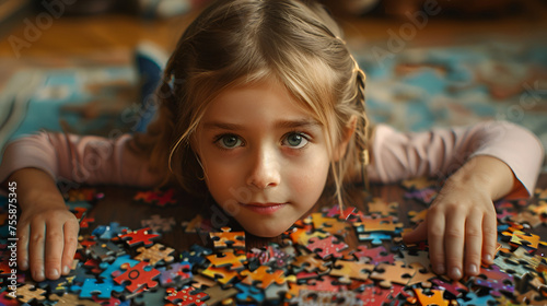 Young girl and puzzle, generative ai © Saleem