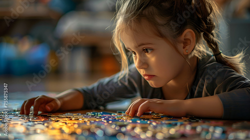 Young girl and puzzle, generative ai photo