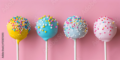 Creative cake pop concept Colorful cake pops with sprinkles on pink background closeup Pink lollipops with sprinkles on sticks on pink background. © asma