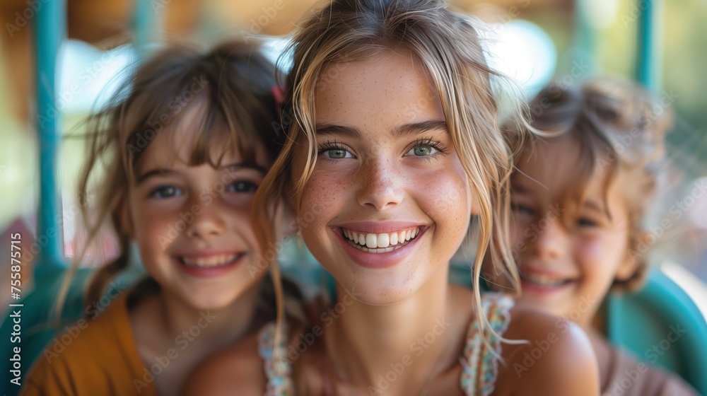 Three young girls happily smiling for the camera during a fun event Three young girls happily smiling for the camera during a fun event