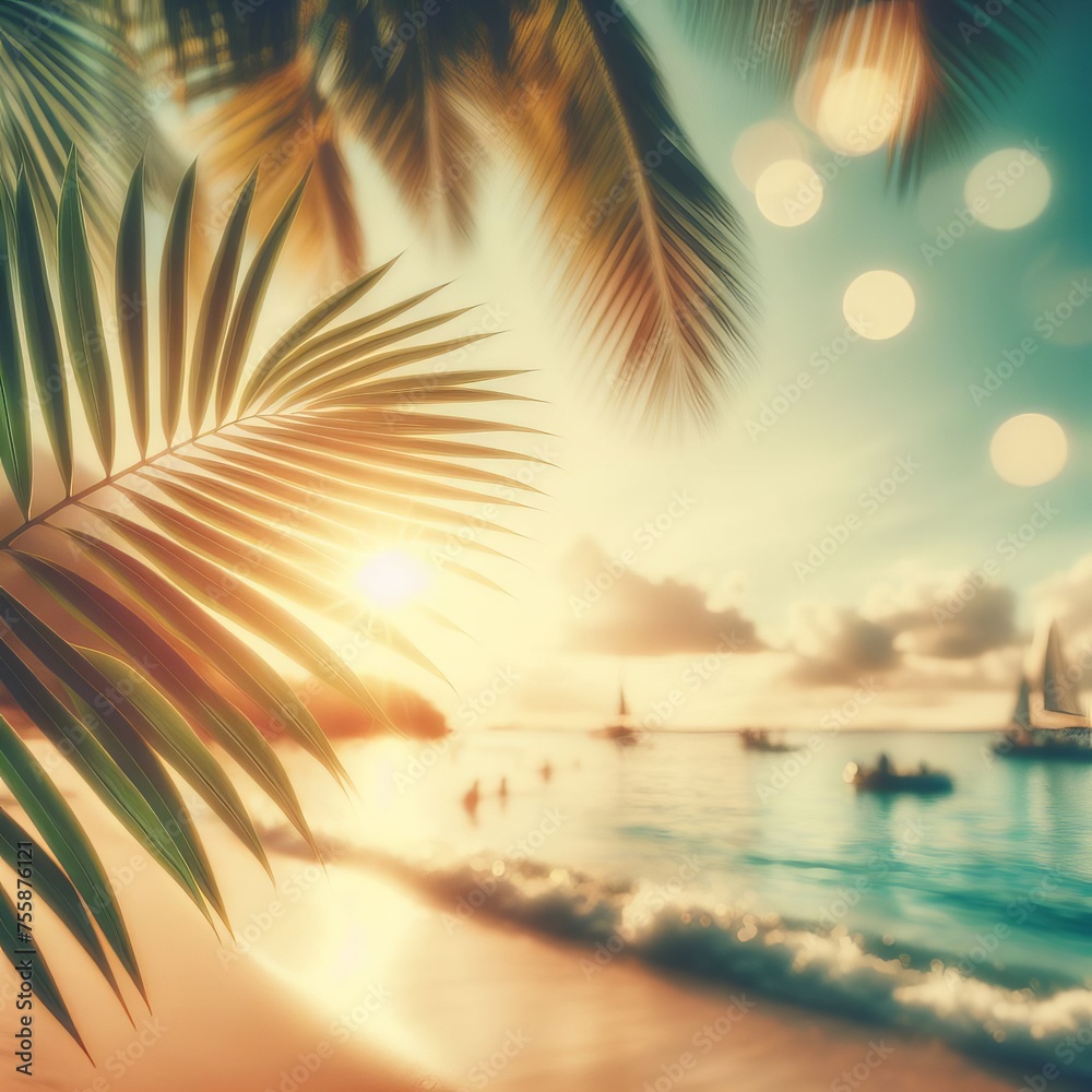 A blurred image featuring the lush greenery of tropical palm leaves on a beach, bathed in the warm sunlight with a bokeh effect. The abstract background exudes a serene atmosphere