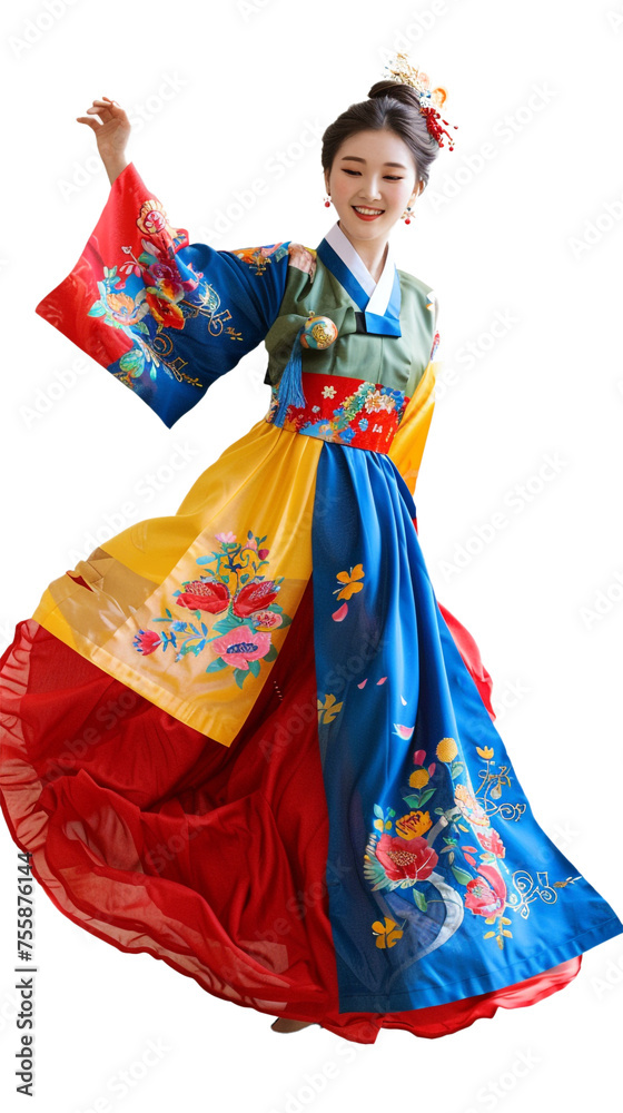 Naklejka premium A woman in colorful traditional costume showing her culture, on a isolated transparent background.