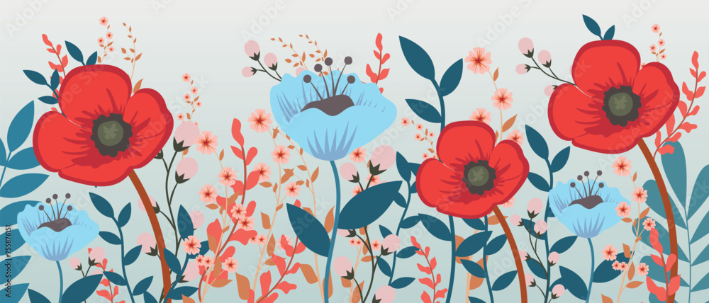 Fototapeta premium Spring is here, vector card with bright spring summer flowers. Illustration with hand drawn floral elements.