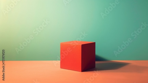 A solitary red cube casting a distinct shadow on a dual-colored background in a minimalist setting.