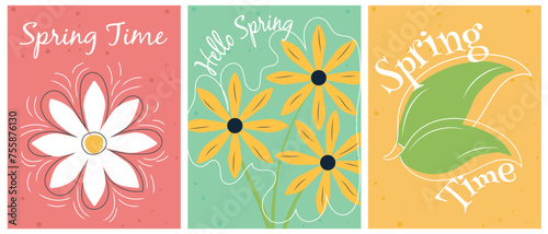 Hello spring, spring seasonal banner collection. Abstract trendy hand drawn flowers for your designs.