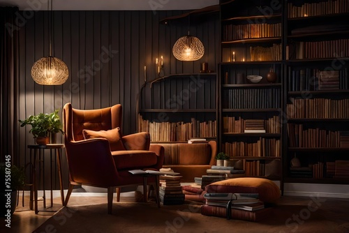 modern living room, Immerse yourself in a cozy atmosphere with a comfortable chair, soft lighting, and books—a perfect haven for quiet relaxation