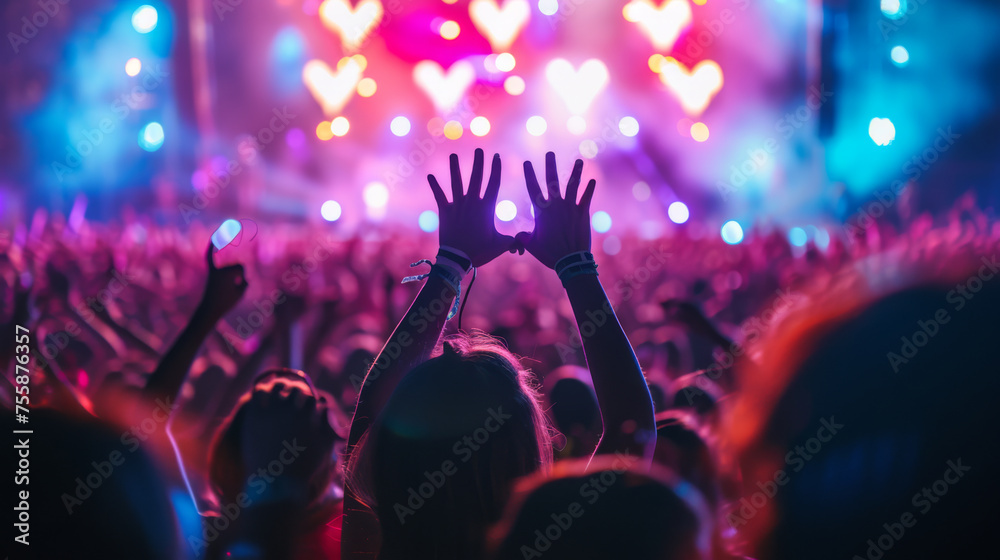 lively crowd at a concert, with hands raised in the air, silhouetted against a backdrop of vibrant stage lights, capturing the energy and excitement of a live music event.