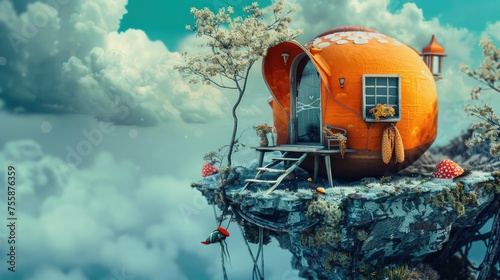 A fantasy scene with an orange pumpkin house perched on a cliff, surrounded by whimsical flora and fauna.