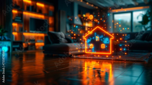 Digital hologram of a smart home technology icon with orange light and blue lines in a living room at night, horizontal banner  © XC Stock