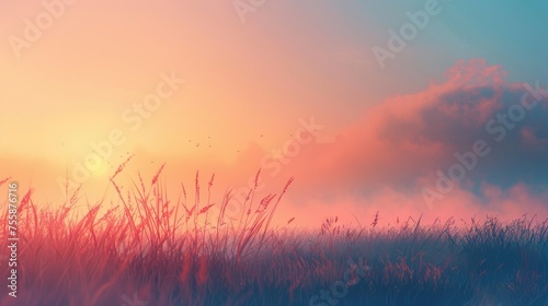 A mystical sunrise scene with fog hovering over a lush field, creating a serene and dreamy landscape. © roongtiwa