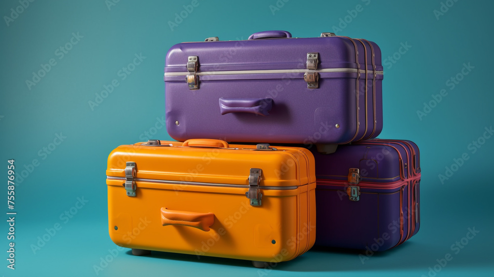 purple yellow and orange suitcases on a blue background сreated with Generative Ai purple yellow and orange suitcases on a blue background сreated with Generative Ai