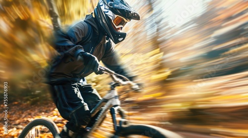 A mountain biker racing through an autumnal forest with dynamic motion blur, capturing a sense of adventure.