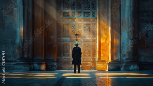 Man Standing in Front of Wooden Door