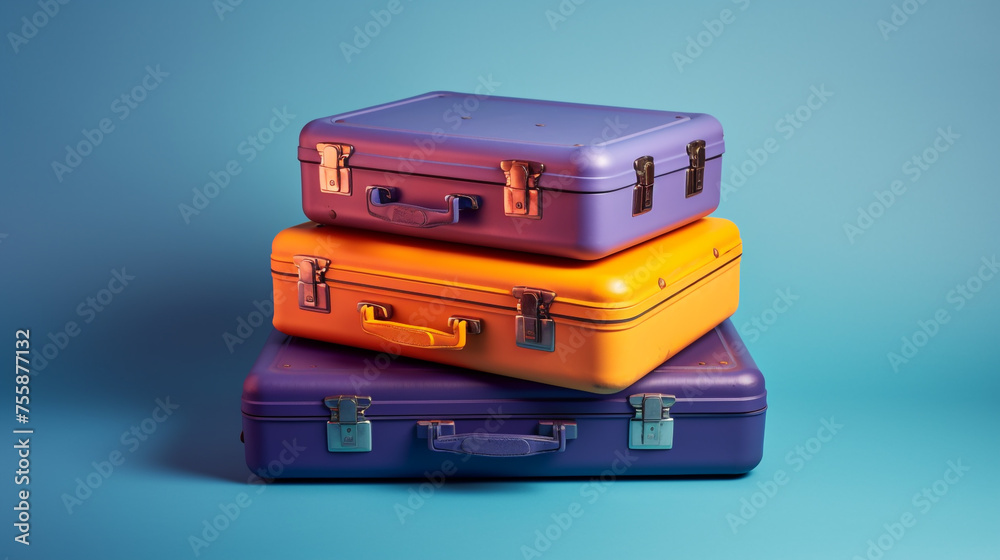 purple yellow and orange suitcases on a blue background сreated with Generative Ai purple yellow and orange suitcases on a blue background сreated with Generative Ai