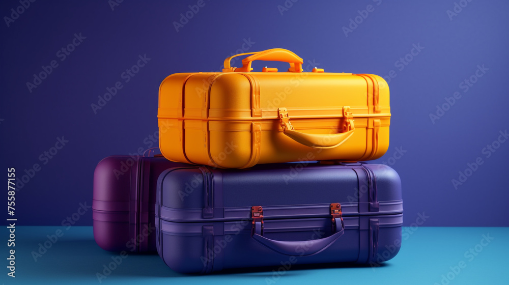 purple yellow and orange suitcases on a blue background сreated with Generative Ai