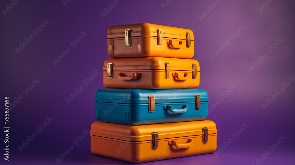 purple yellow and orange suitcases on a blue background сreated with Generative Ai purple yellow and orange suitcases on a blue background сreated with Generative Ai