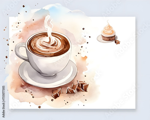 Ready to use Card. Watercolor invitation design for Mocha: Espresso with hot chocolate and milk. Watercolor design. Cafe template. photo