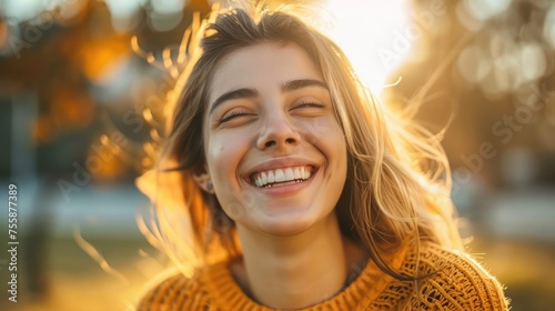 An exuberant young woman laughing heartily, basking in the golden warmth of the sunset light, embodying happiness.