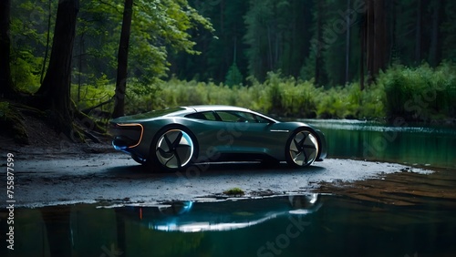 Futuristic electric drive car on the background of forest and lake